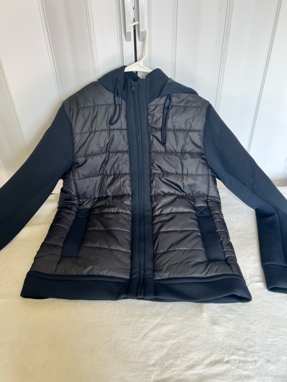 Hooded Black Quilted Hybrid Puffer Jacket - Women's
